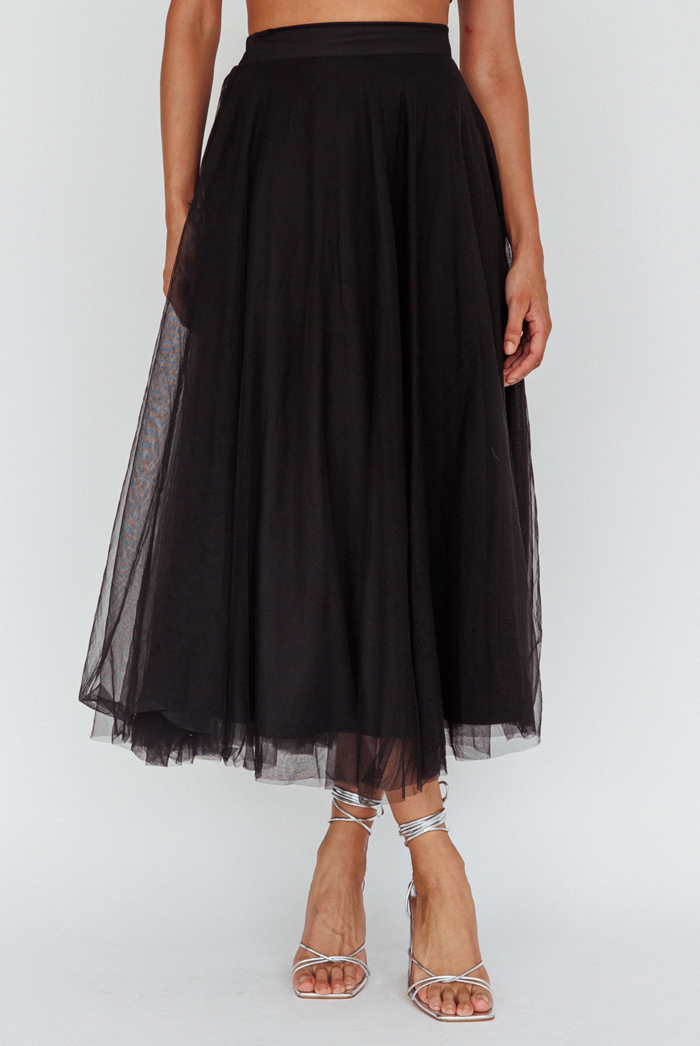 Jasmine Organza Mesh Elasticated Waist Midi Skirt Black-Maymioy