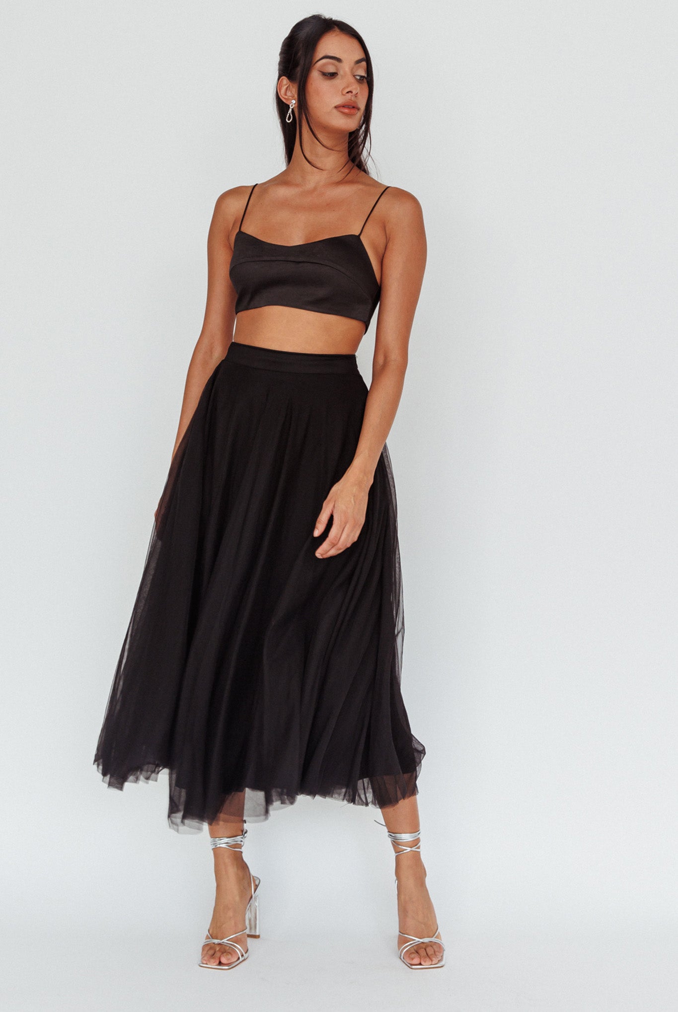 Jasmine Organza Mesh Elasticated Waist Midi Skirt Black-Maymioy