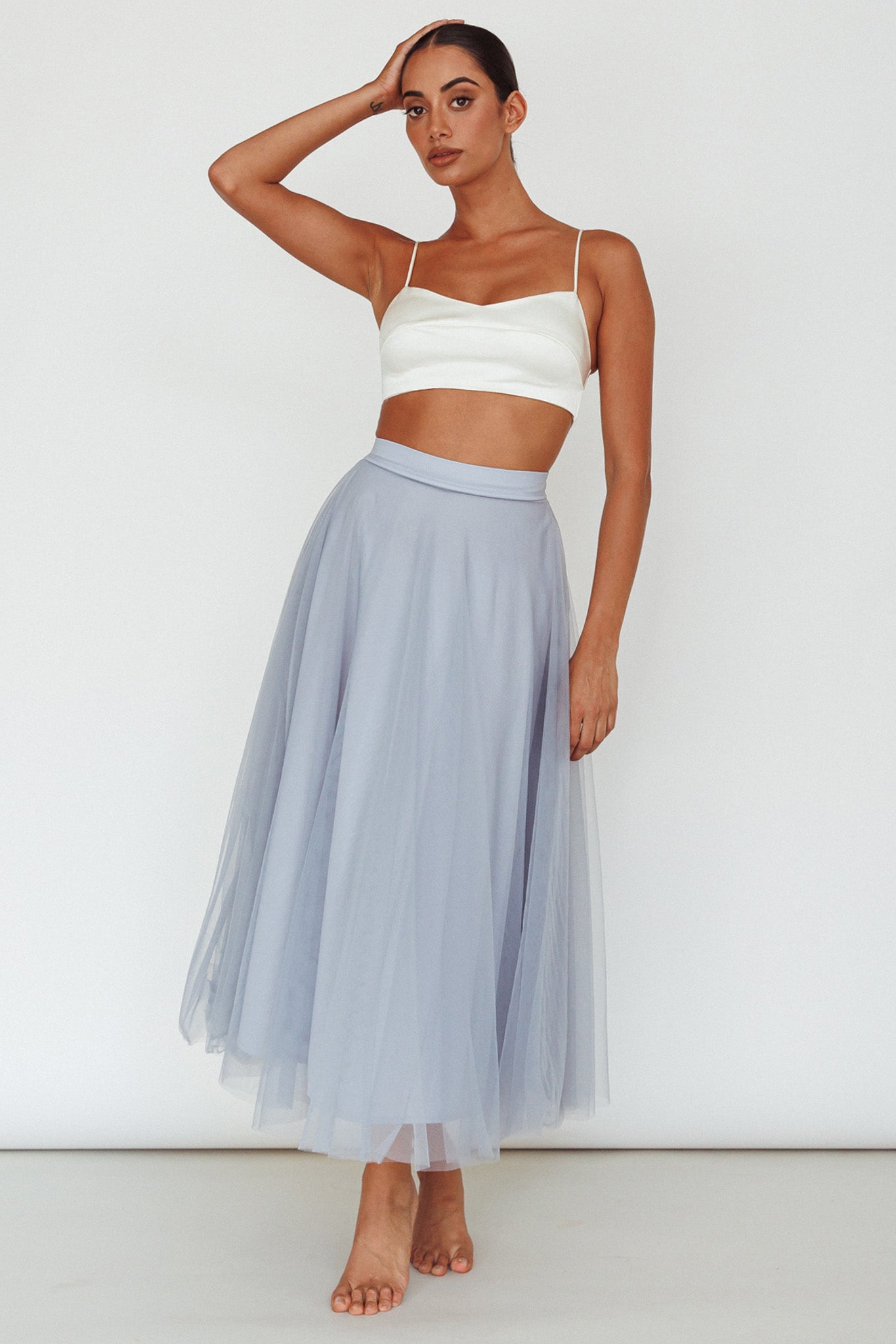 Jasmine Organza Mesh Elasticated Waist Midi Skirt Blue-Maymioy