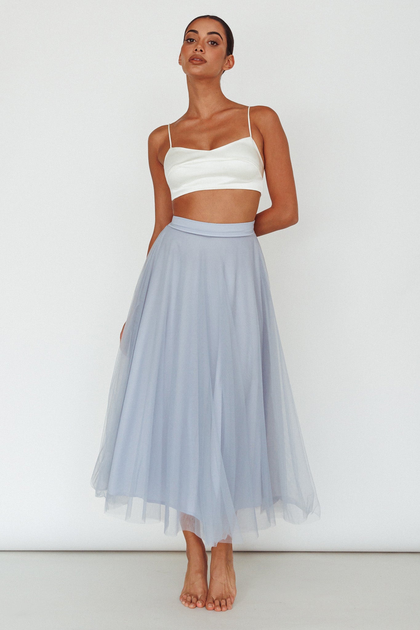 Jasmine Organza Mesh Elasticated Waist Midi Skirt Blue-Maymioy