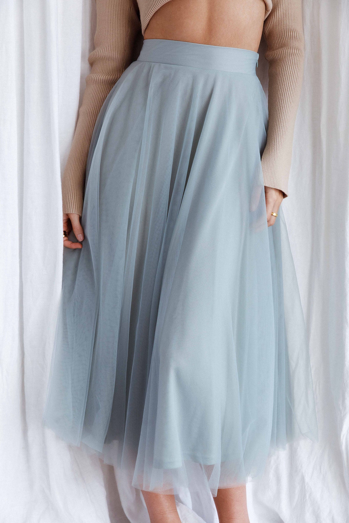 Jasmine Organza Mesh Elasticated Waist Midi Skirt Sage-Maymioy