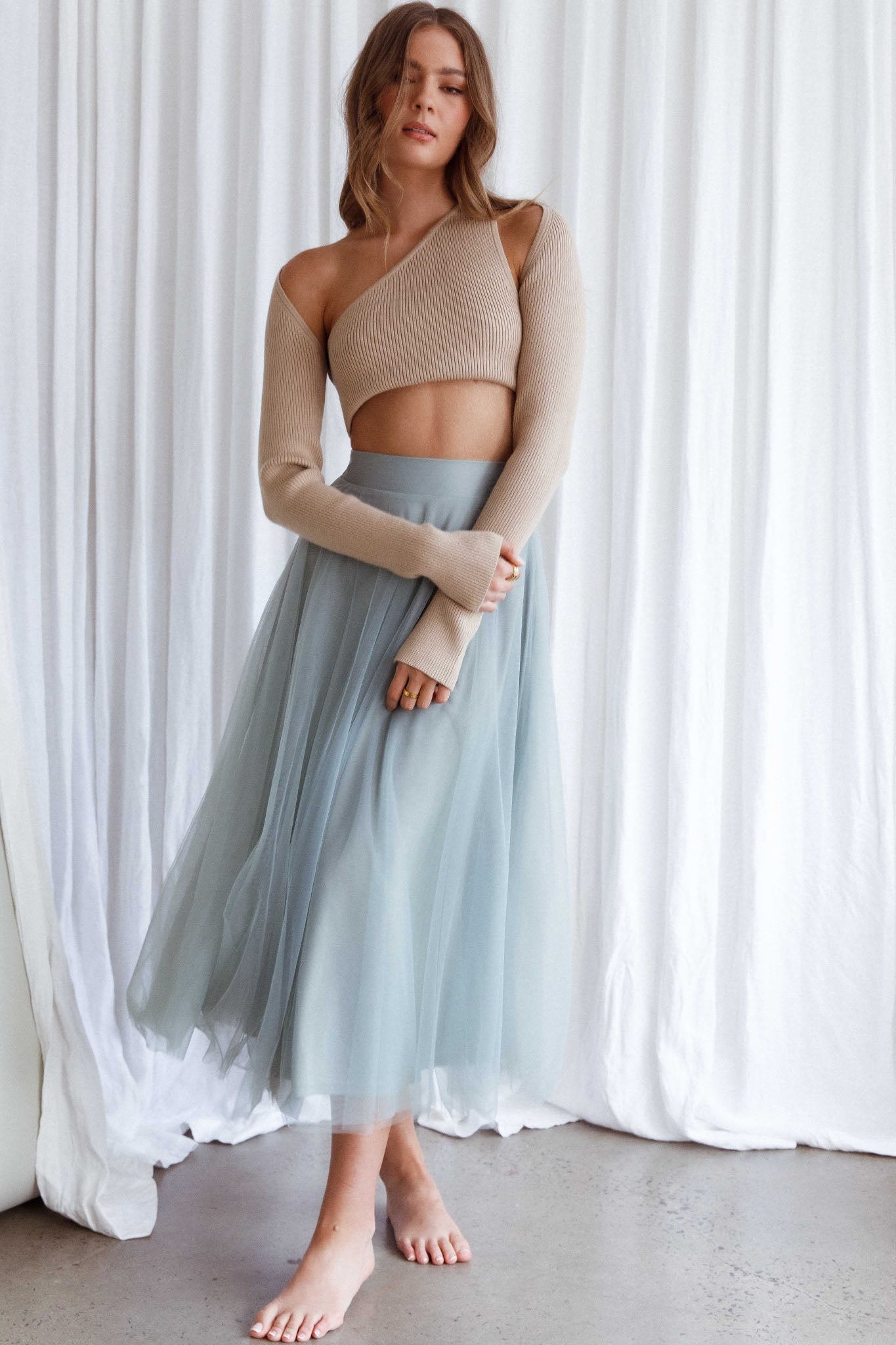 Jasmine Organza Mesh Elasticated Waist Midi Skirt Sage-Maymioy