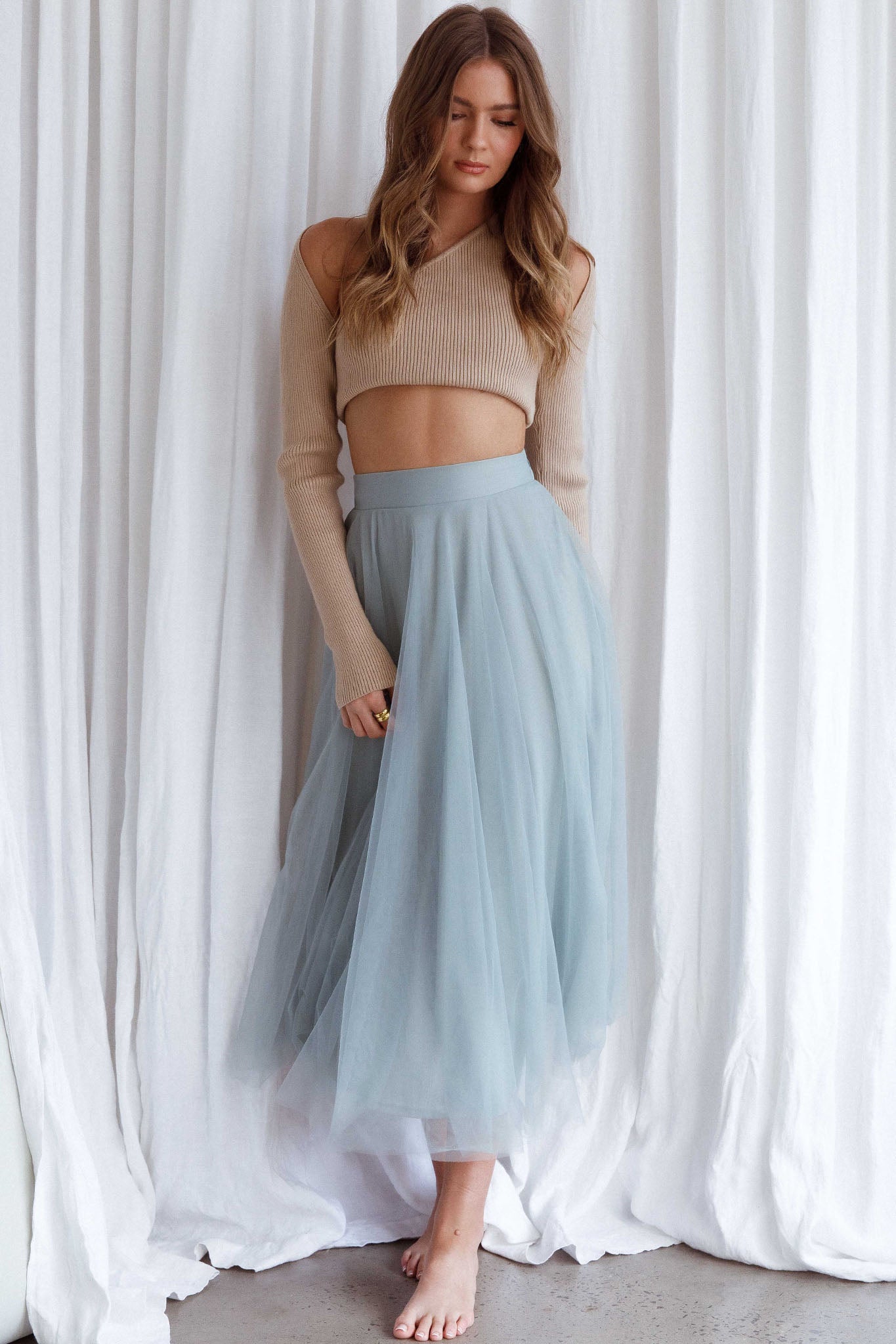 Jasmine Organza Mesh Elasticated Waist Midi Skirt Sage-Maymioy