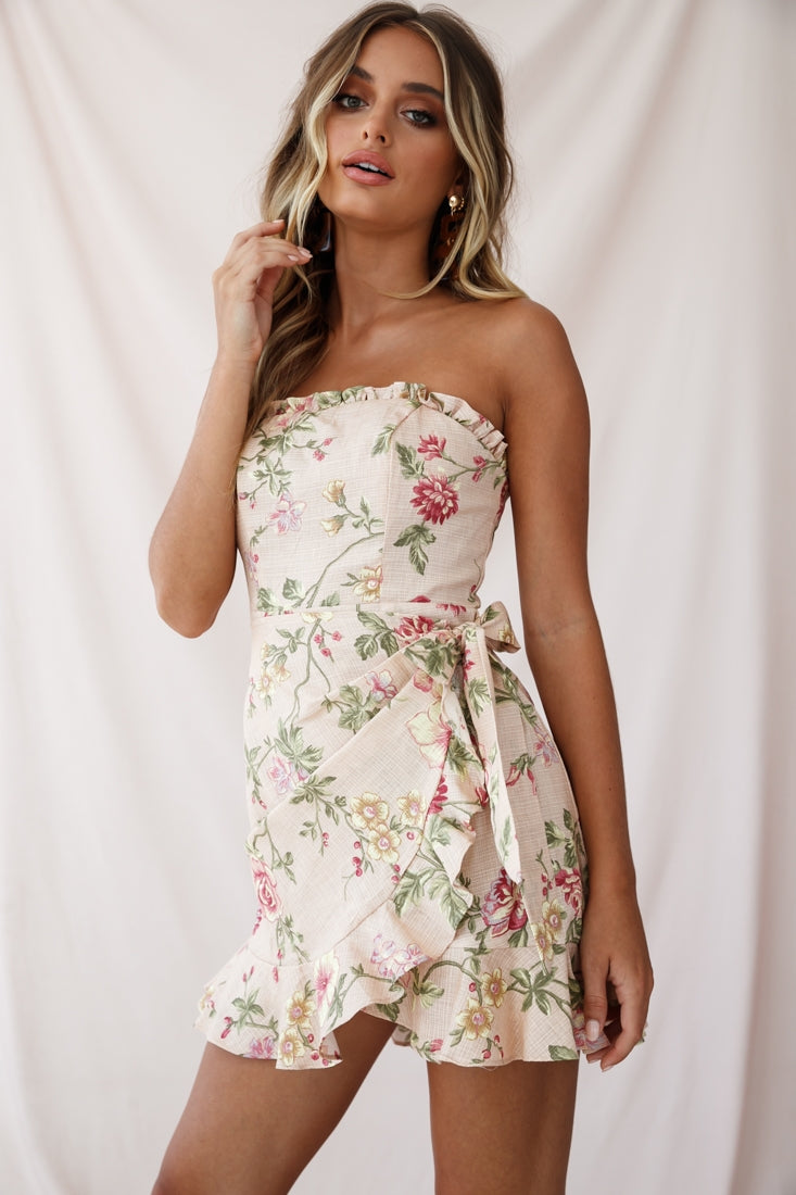 Stacey Frill Bustier Wrap Dress Floral Print Nude-Maymioy