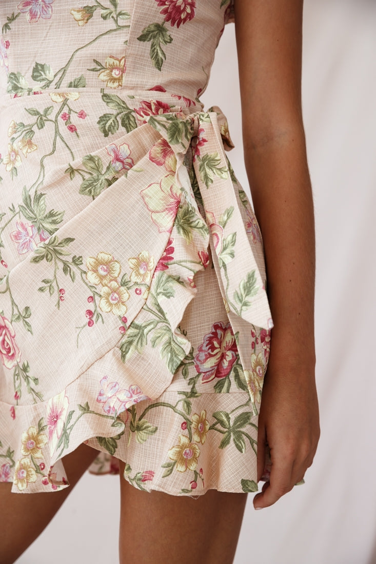 Stacey Frill Bustier Wrap Dress Floral Print Nude-Maymioy