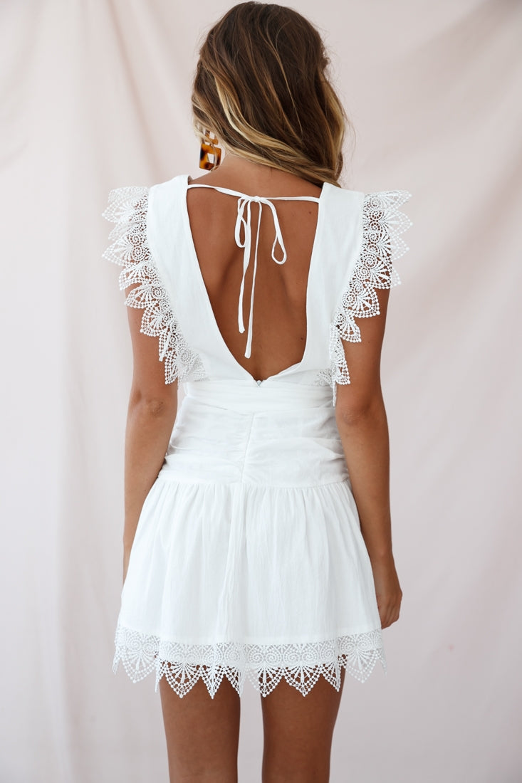 Juliet Gathered Detail Lace Trim Dress White-Maymioy