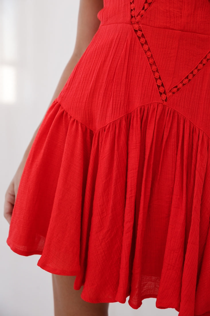 Darma Crochet Detail Fluted Hem Dress Red-Maymioy