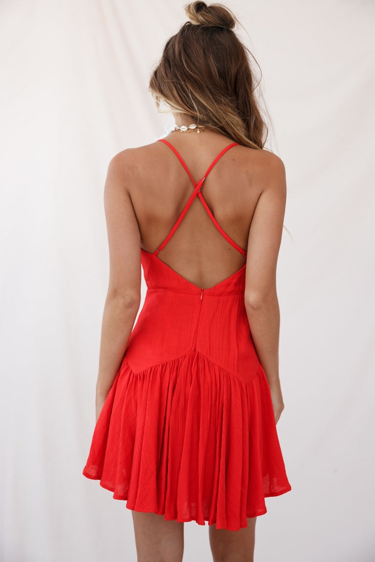 Darma Crochet Detail Fluted Hem Dress Red-Maymioy