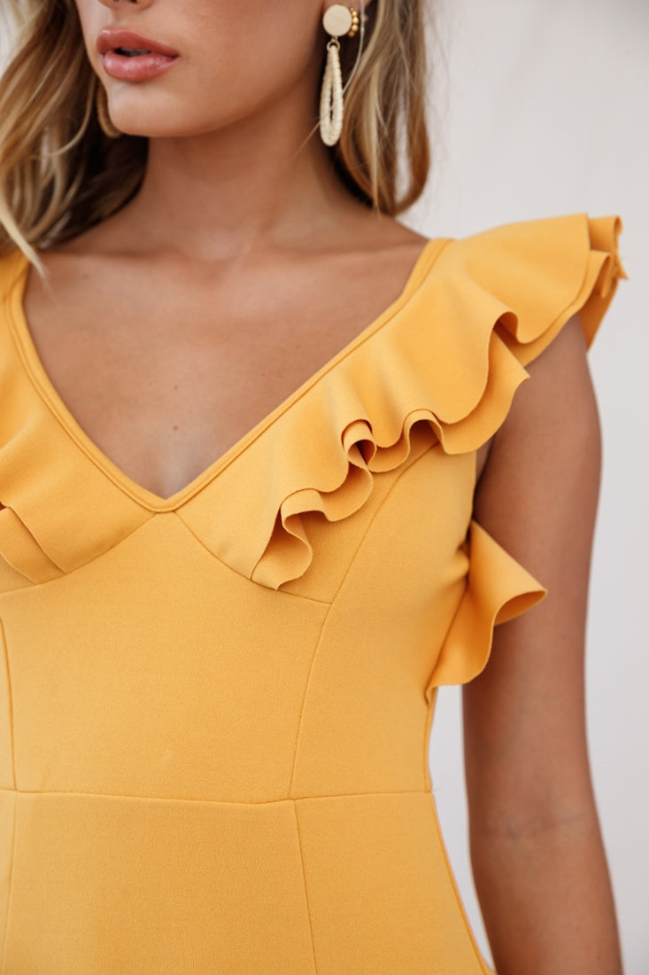 Pearl Ruffle Strap Mini Dress Mustard-Maymioy