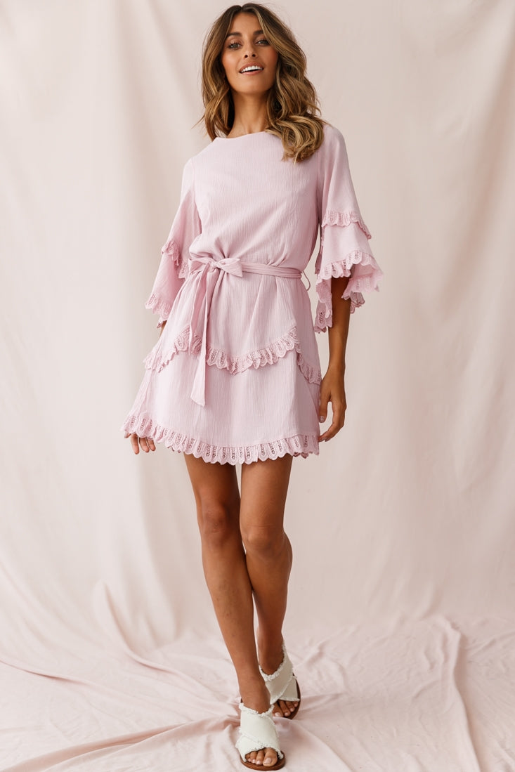 Talitha Waist Tie Lace Trim Dress Blush-Maymioy