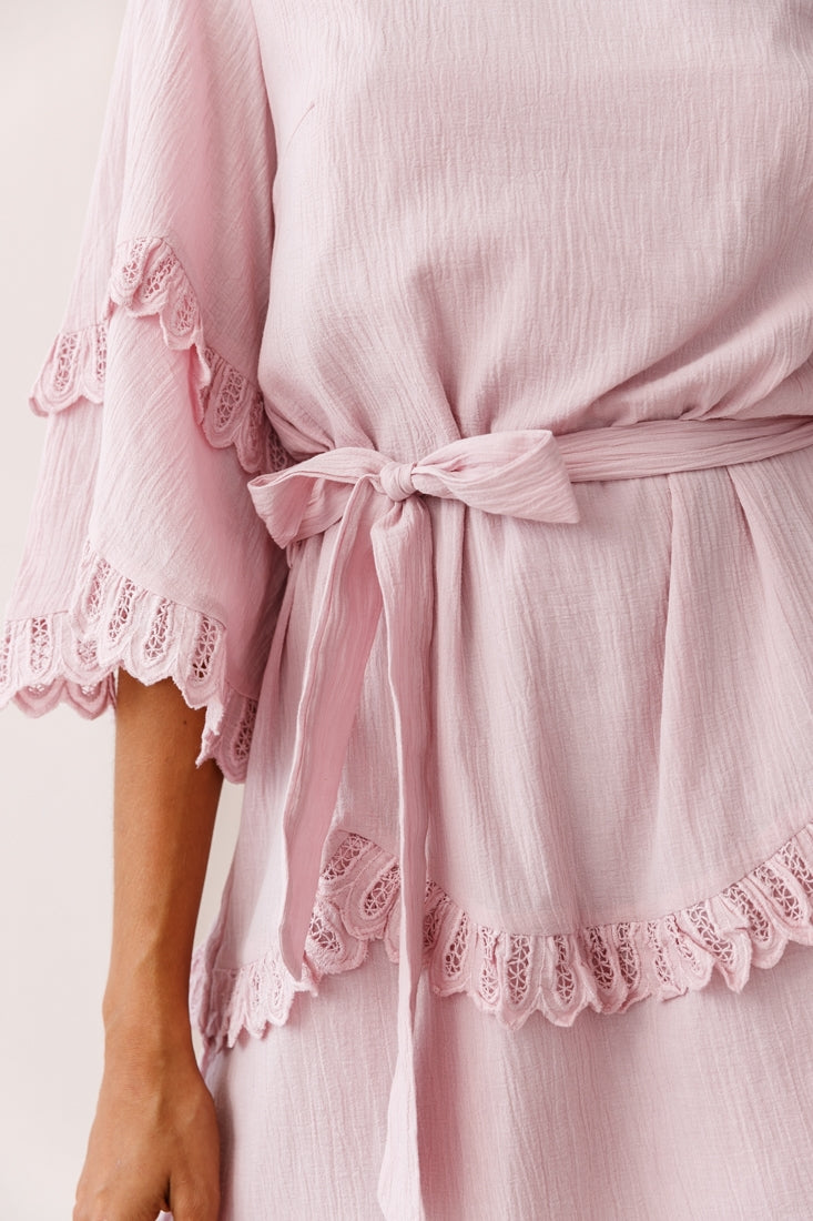 Talitha Waist Tie Lace Trim Dress Blush-Maymioy