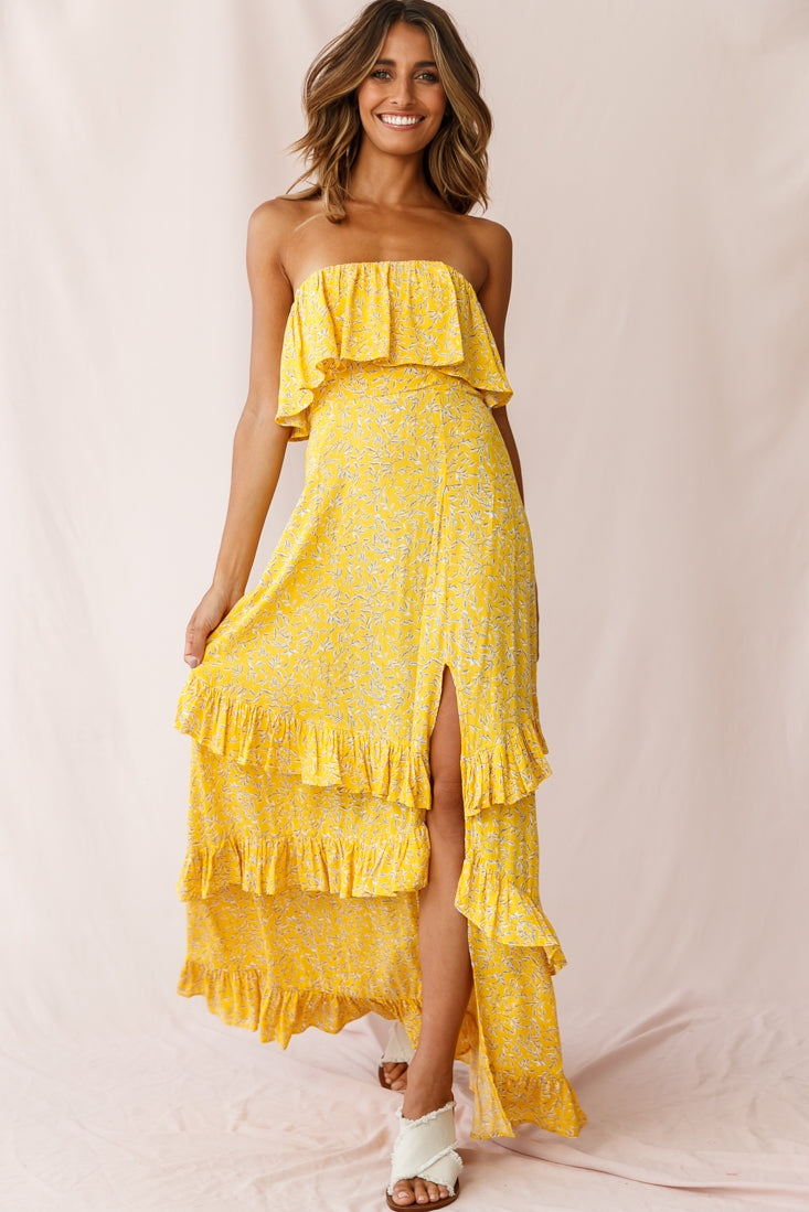 Kiya Layered Bandeau Maxi Dress Leaf Print Mustard-Maymioy