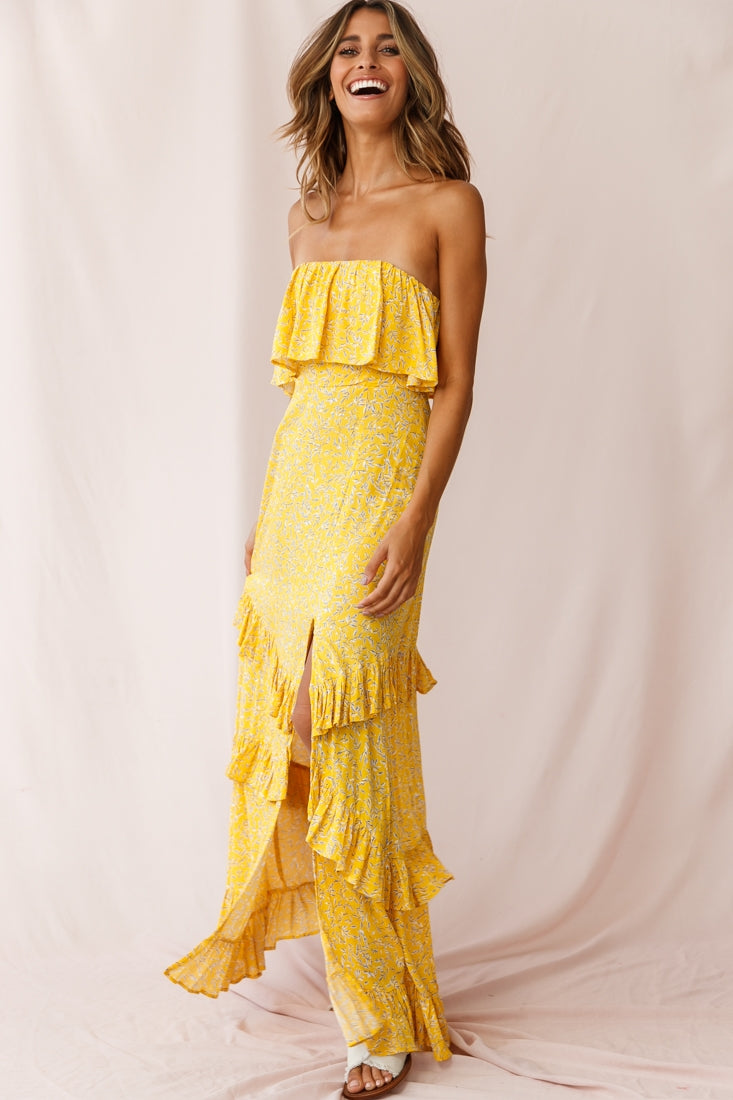 Kiya Layered Bandeau Maxi Dress Leaf Print Mustard-Maymioy