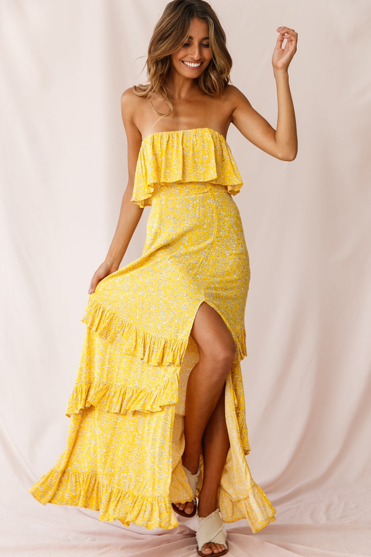 Kiya Layered Bandeau Maxi Dress Leaf Print Mustard-Maymioy