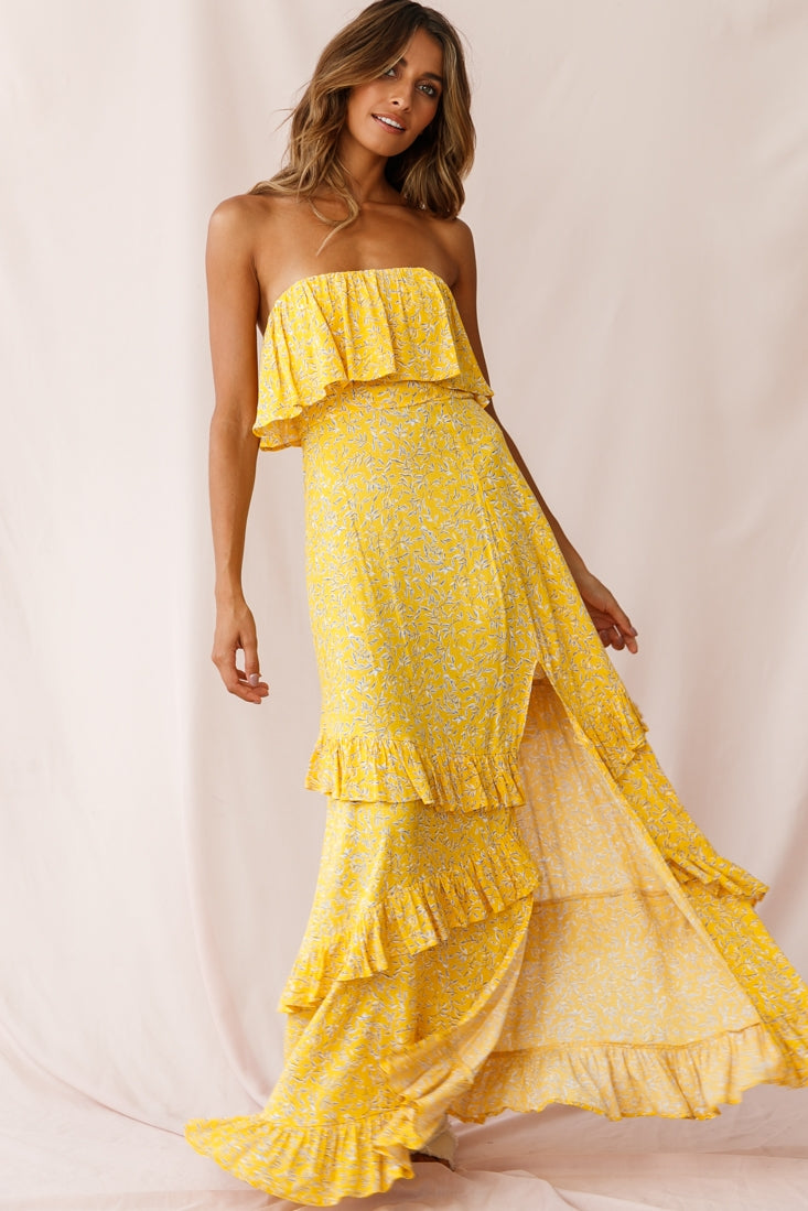 Kiya Layered Bandeau Maxi Dress Leaf Print Mustard-Maymioy