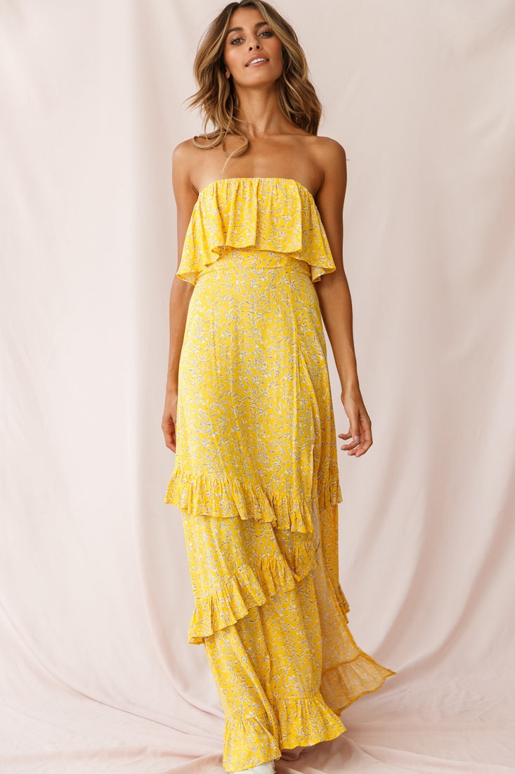 Kiya Layered Bandeau Maxi Dress Leaf Print Mustard-Maymioy