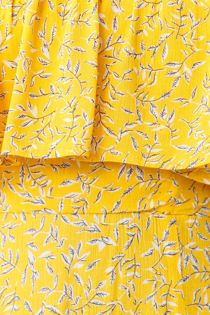Kiya Layered Bandeau Maxi Dress Leaf Print Mustard-Maymioy