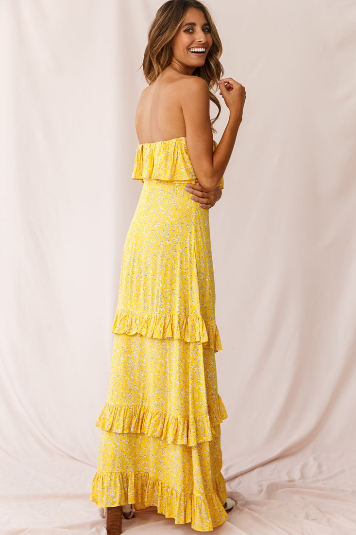 Kiya Layered Bandeau Maxi Dress Leaf Print Mustard-Maymioy