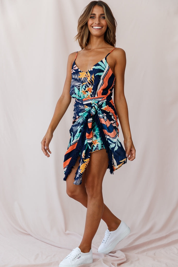 Mahalo Tassel Detail Tropical Romper Navy-Maymioy