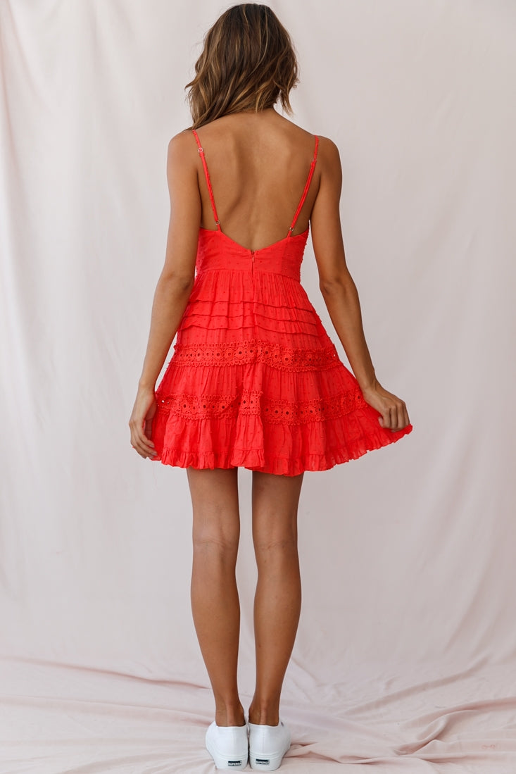 Riley Deep V-Neckline Ruffle Detail Dress Red-Maymioy