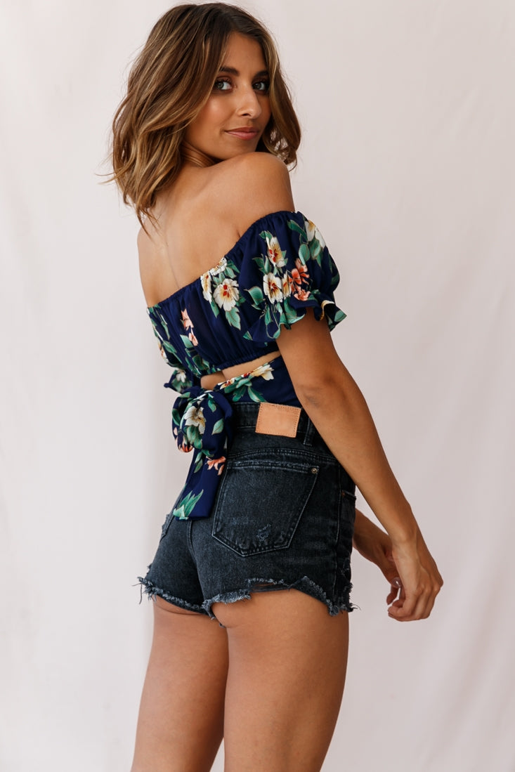 Linka Off-Shoulder Tie-Back Crop Top Floral Print Navy-Maymioy