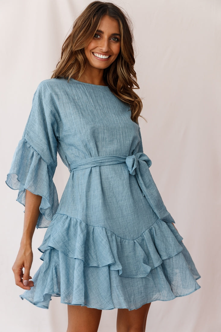 Wilshire Tiered Ruffle Hem Dress Denim Blue-Maymioy