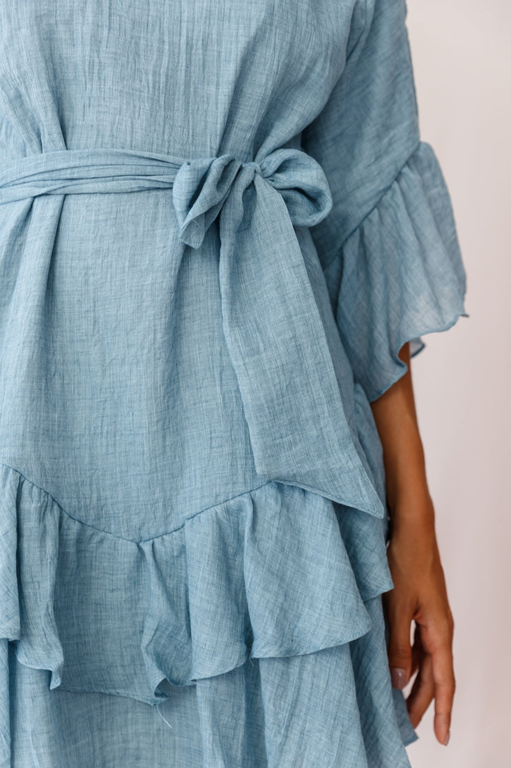 Wilshire Tiered Ruffle Hem Dress Denim Blue-Maymioy