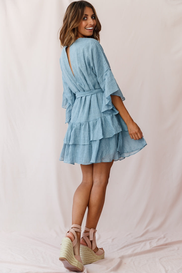 Wilshire Tiered Ruffle Hem Dress Denim Blue-Maymioy