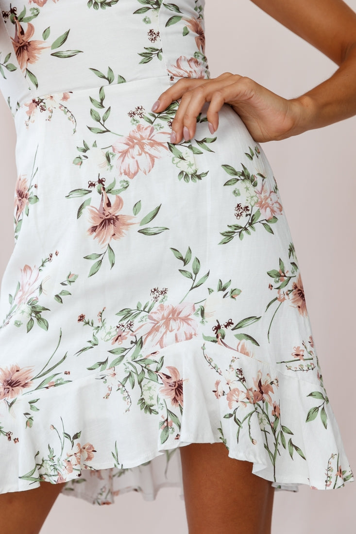 Taj Lace-Up Back Asymmetrical Hem Dress Floral Print White-Maymioy