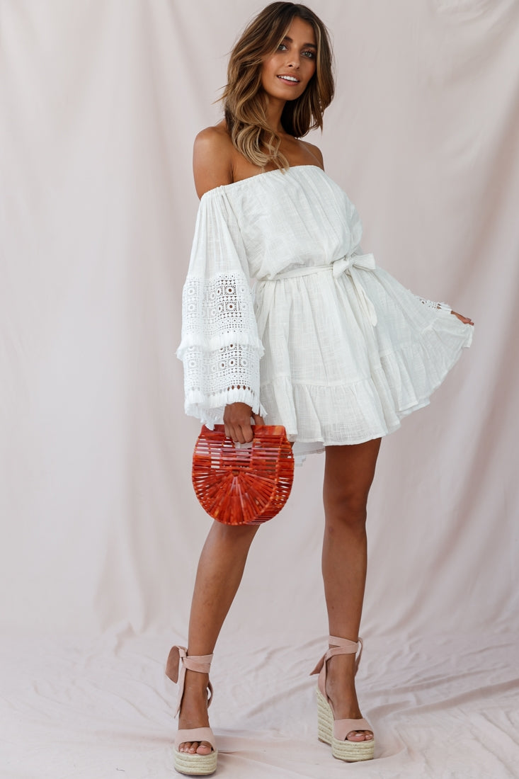 Mona Off-Shoulder Embellished Sleeve Dress White-Maymioy