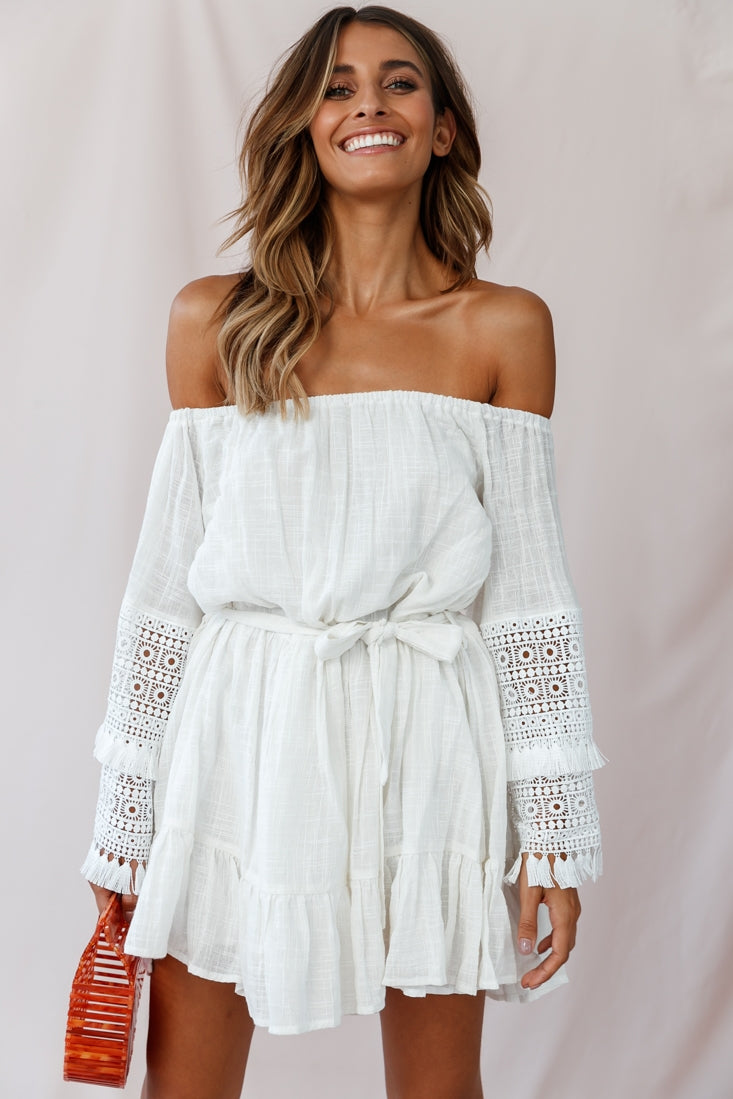 Mona Off-Shoulder Embellished Sleeve Dress White-Maymioy