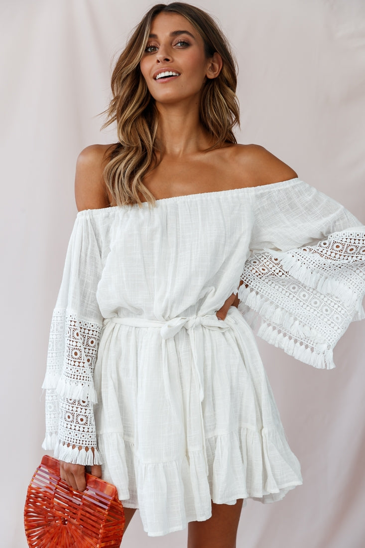 Mona Off-Shoulder Embellished Sleeve Dress White-Maymioy