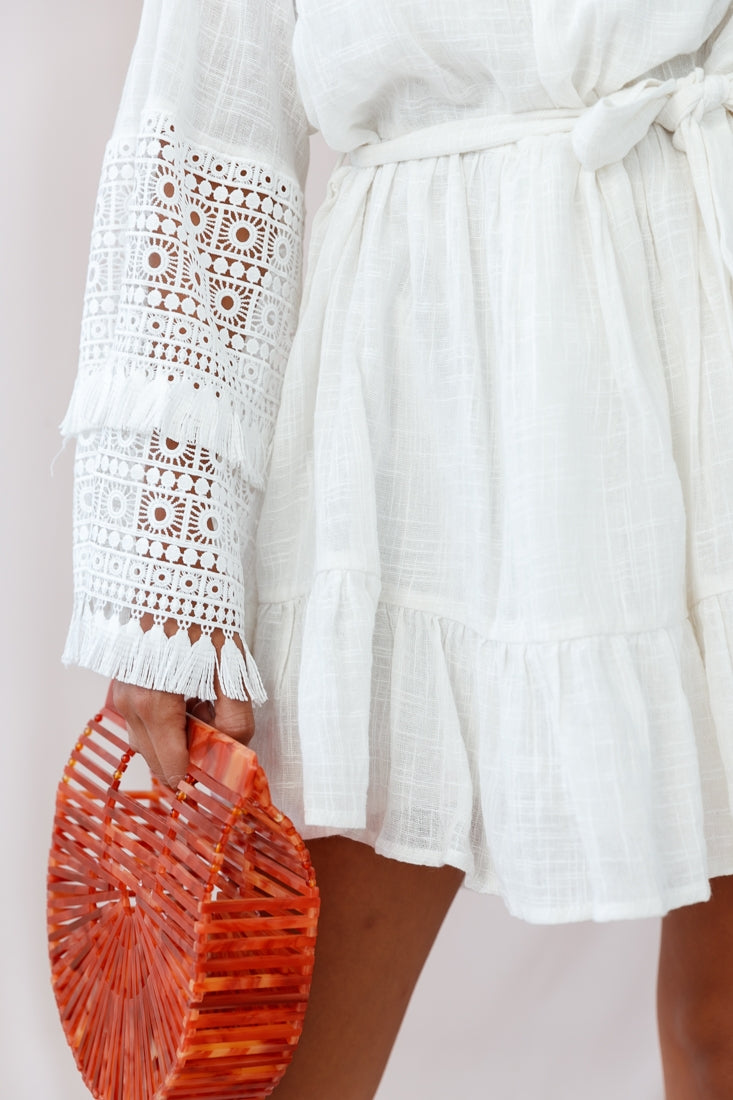 Mona Off-Shoulder Embellished Sleeve Dress White-Maymioy