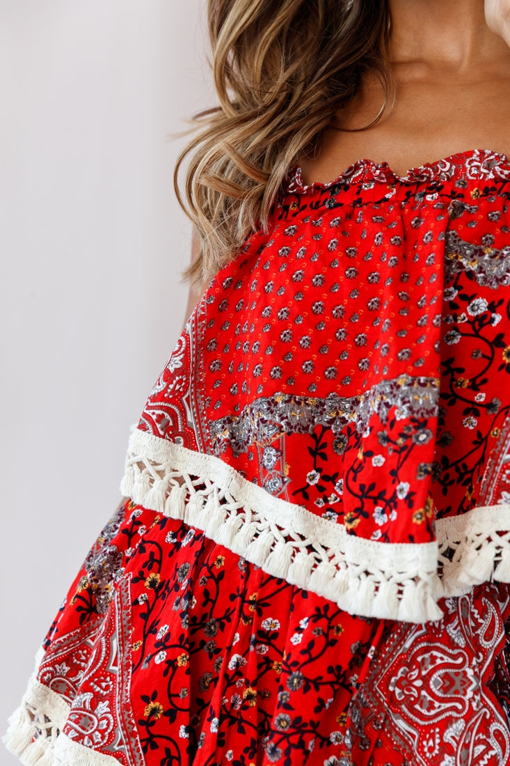 Palau Tassel-Trimmed Paisley Crop Top Red-Maymioy