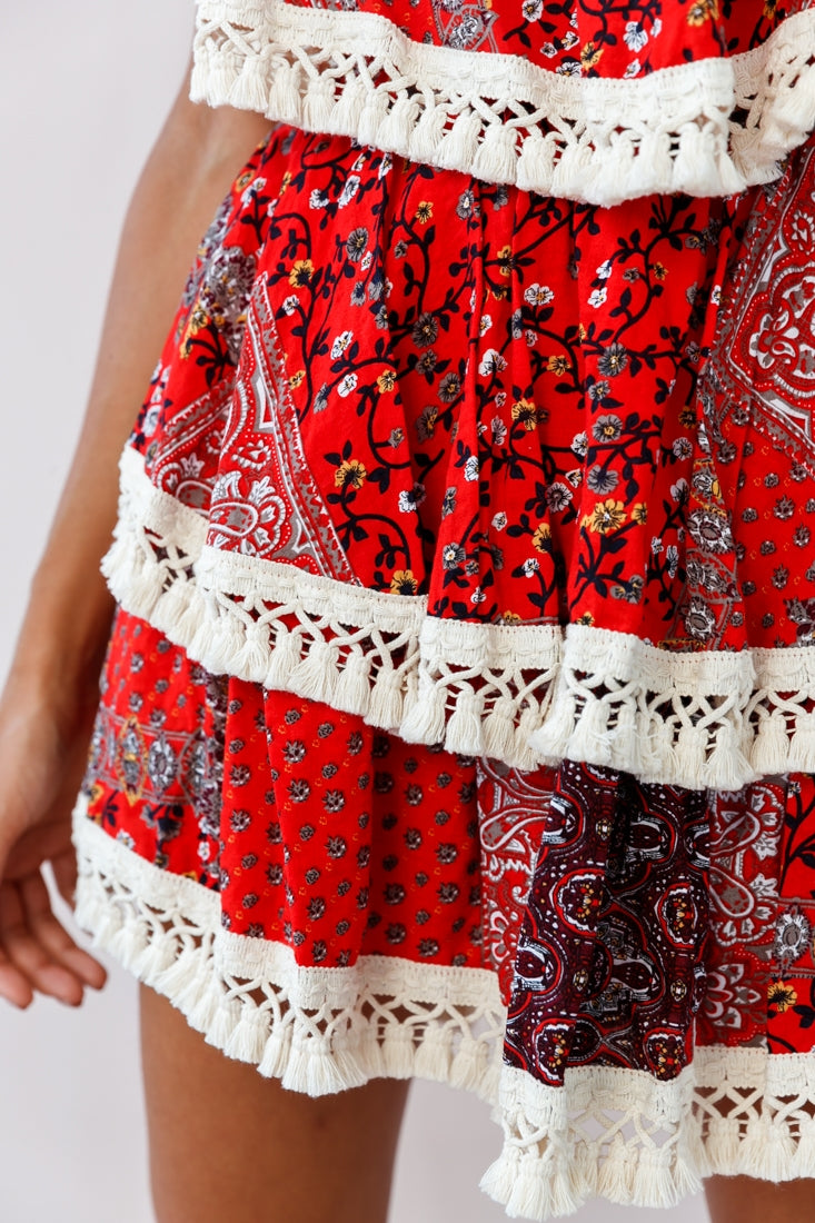 Palau Tassel-Trimmed Paisley Skirt Red-Maymioy