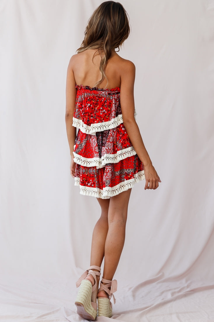 Palau Tassel-Trimmed Paisley Skirt Red-Maymioy