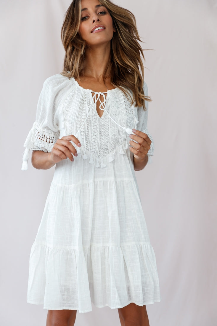 Jada Crochet and Tassel Kaftan Dress White-Maymioy