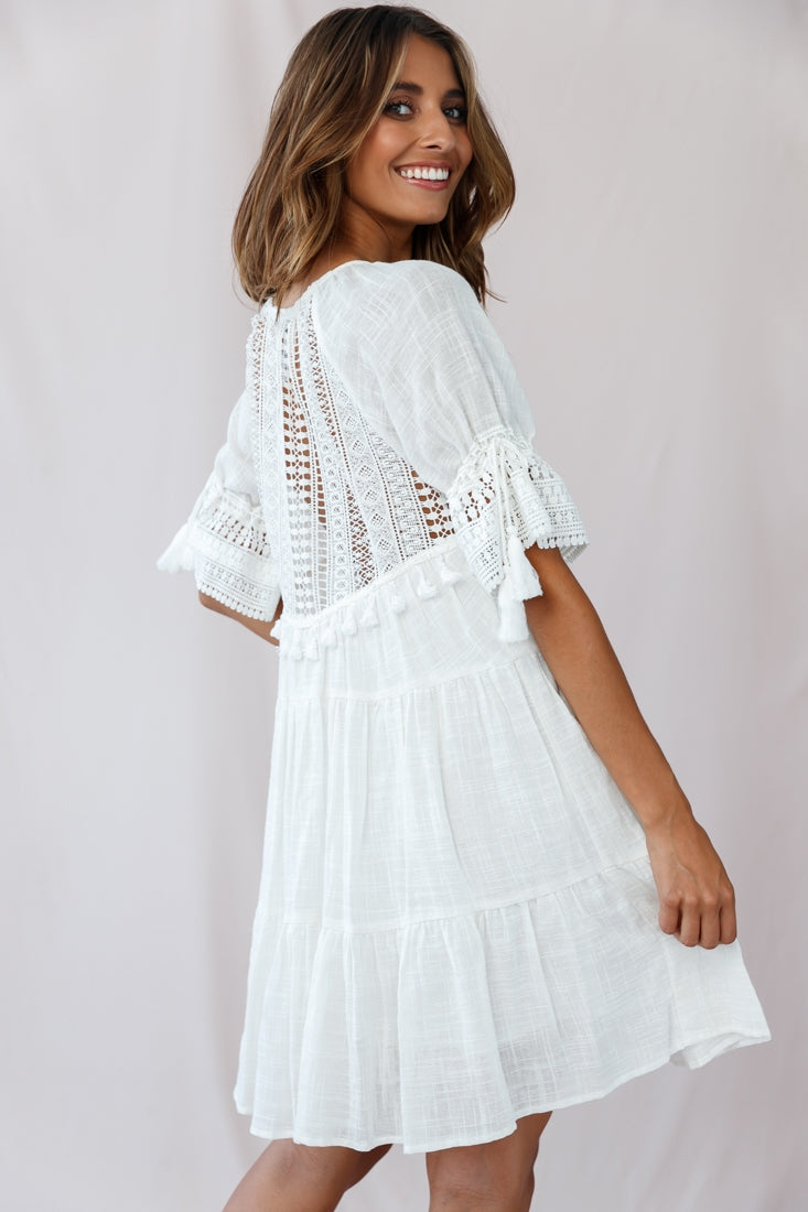 Jada Crochet and Tassel Kaftan Dress White-Maymioy
