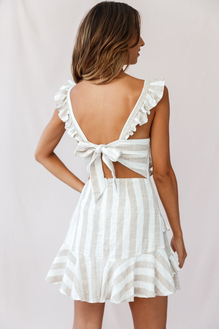 Shiloh Tie-Back Pinafore Dress Stripe Print Beige-Maymioy