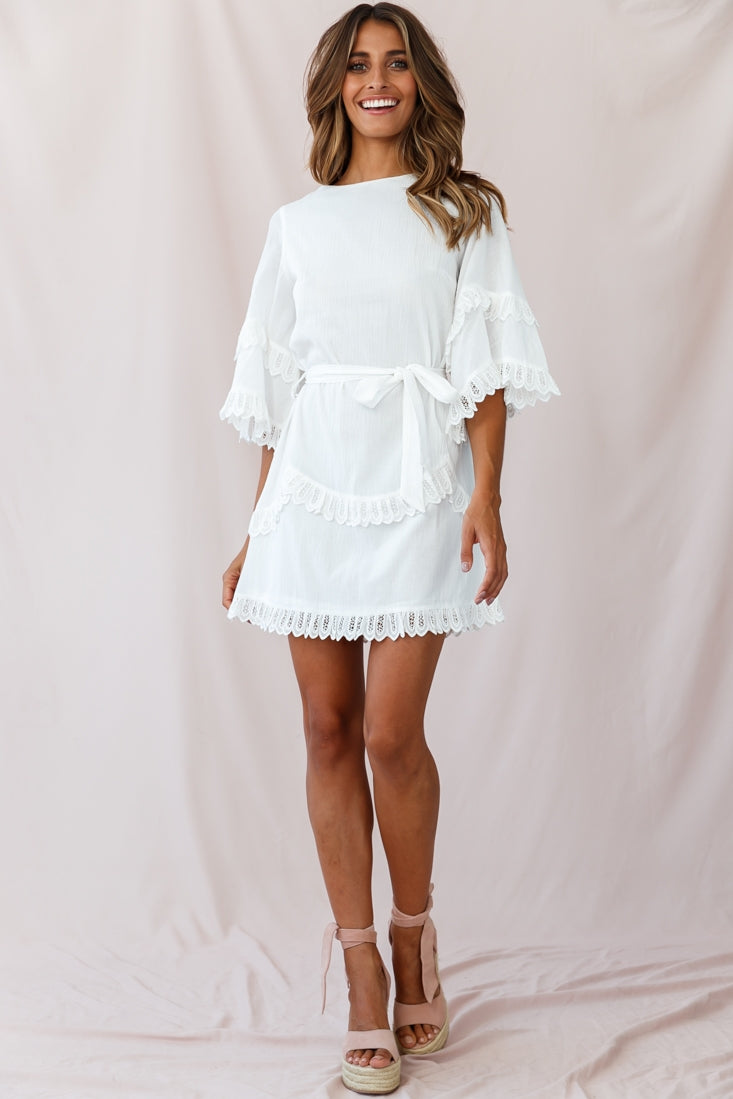 Talitha Waist Tie Lace Trim Dress White-Maymioy