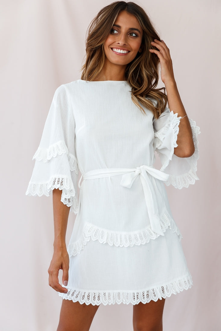 Talitha Waist Tie Lace Trim Dress White-Maymioy