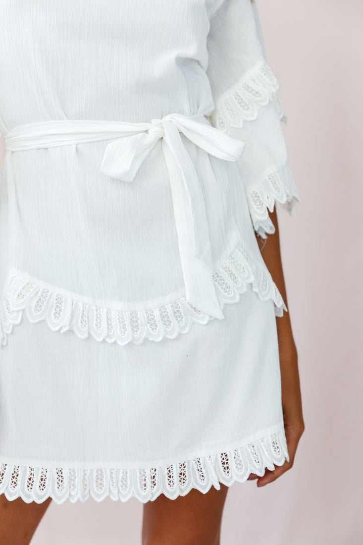 Talitha Waist Tie Lace Trim Dress White-Maymioy