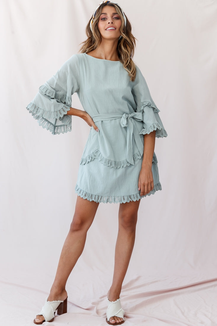 Talitha Waist Tie Lace Trim Dress Sage-Maymioy