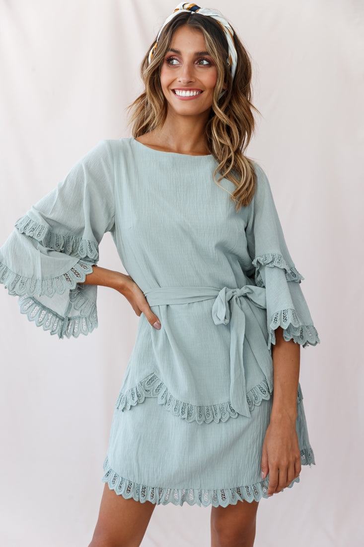 Talitha Waist Tie Lace Trim Dress Sage-Maymioy