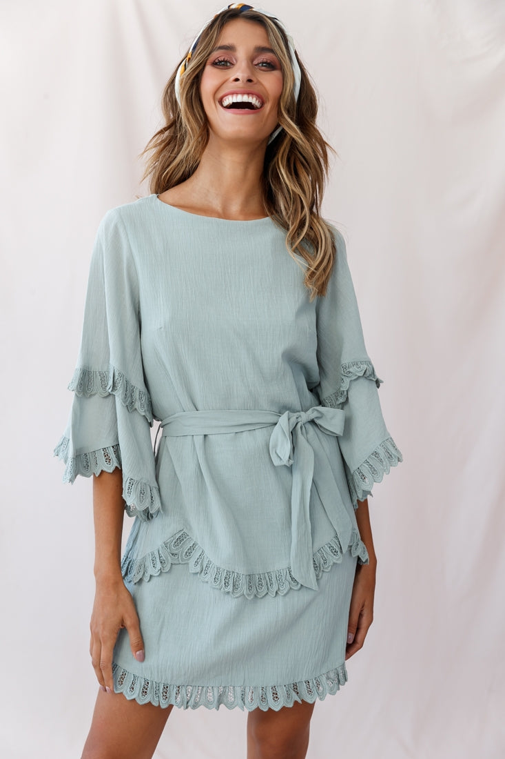 Talitha Waist Tie Lace Trim Dress Sage-Maymioy