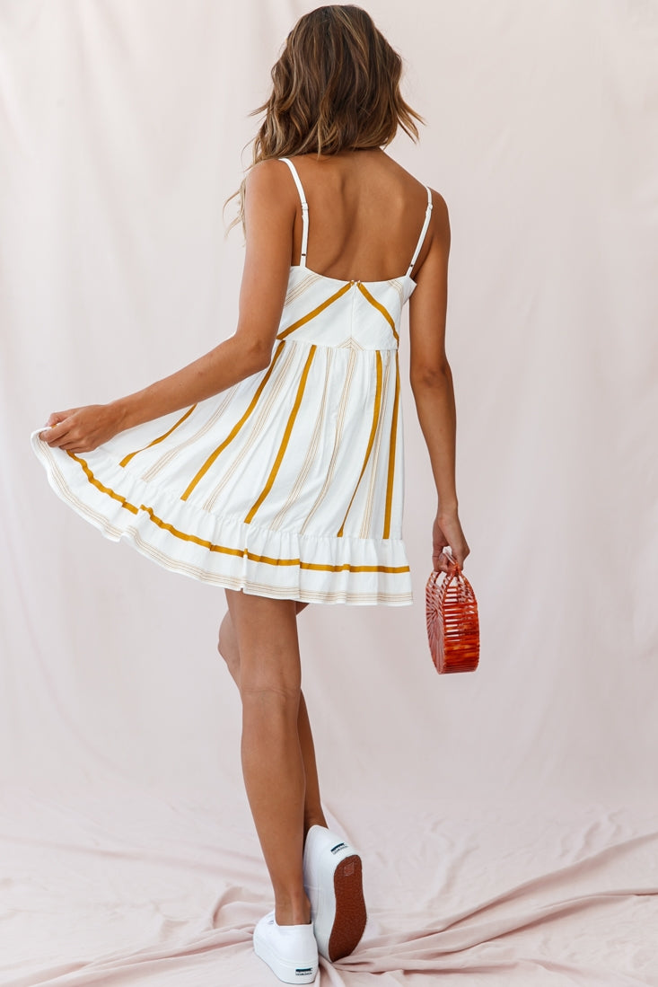 Elsie Square Neckline Frill Hem Swing Dress Stripe Print Mustard-Maymioy