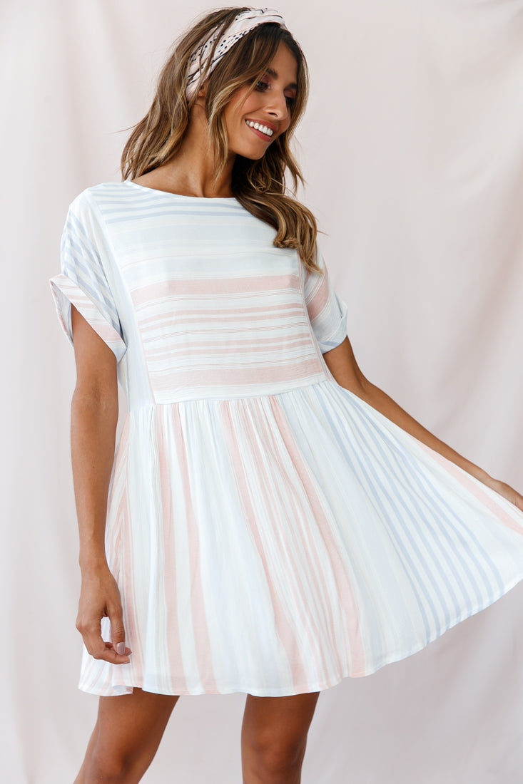 Susie Rolled Sleeve Crew Neck Swing Dress Stripe Print Blue/Peach-Maymioy