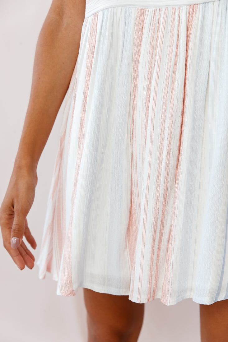 Susie Rolled Sleeve Crew Neck Swing Dress Stripe Print Blue/Peach-Maymioy