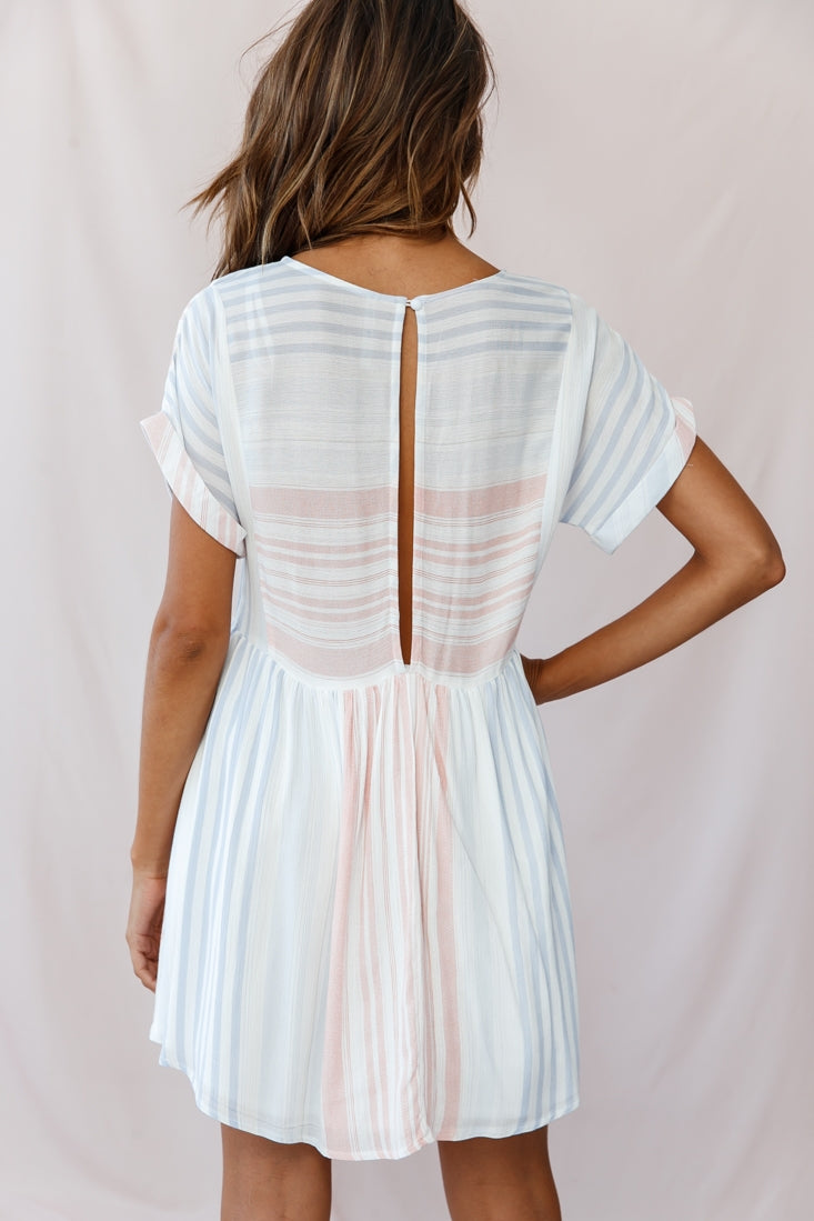 Susie Rolled Sleeve Crew Neck Swing Dress Stripe Print Blue/Peach-Maymioy
