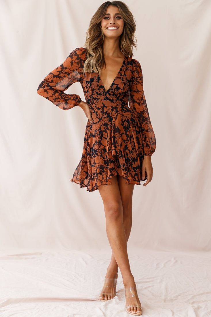 Wisteria Lane Long Sleeve Tea Dress Floral Print Navy-Maymioy